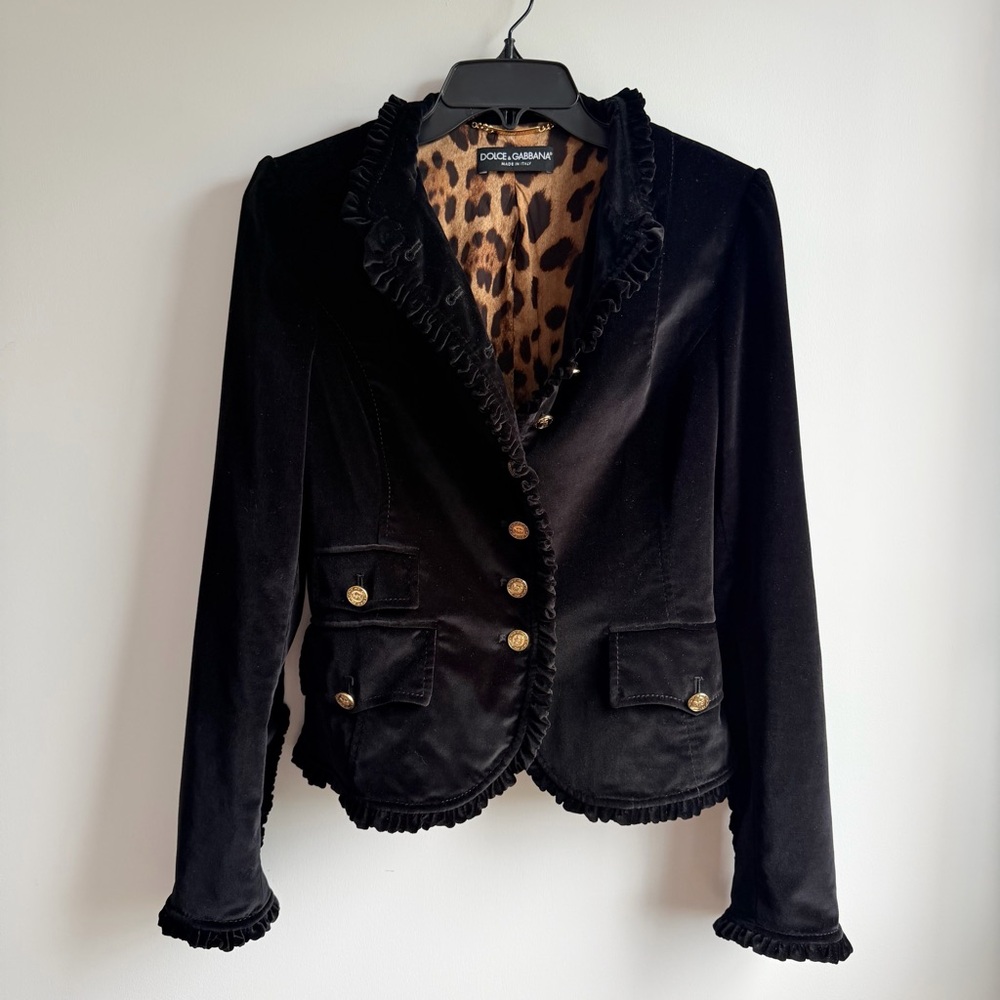 Dolce & Gabbana Black Velvet Blazer Jacket Gold Button Animal Print Cotton IT 42